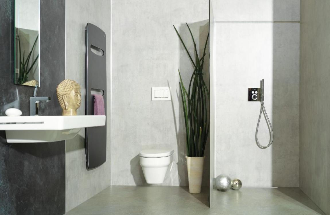 Walk In Dusche, freistehende Seitenwand, Sichtbeton